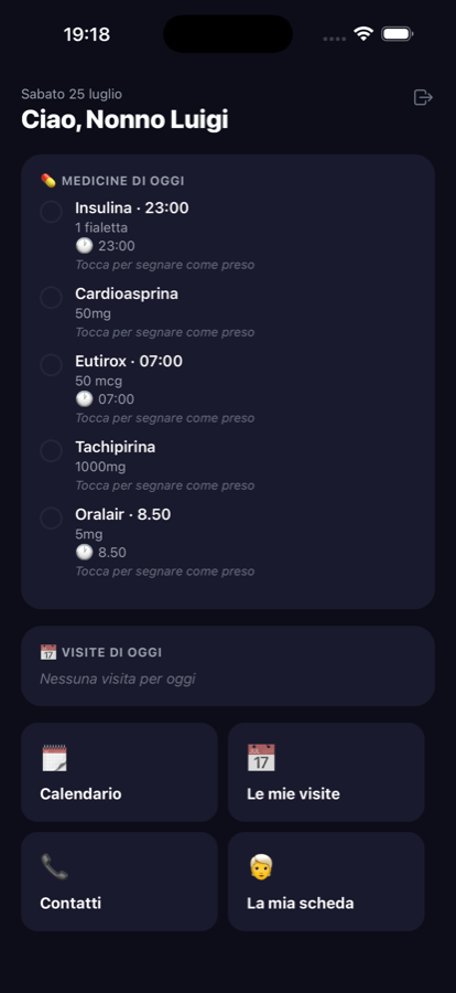 Schermata dedicata alla persona assistita: le medicine di oggi da confermare con un tocco