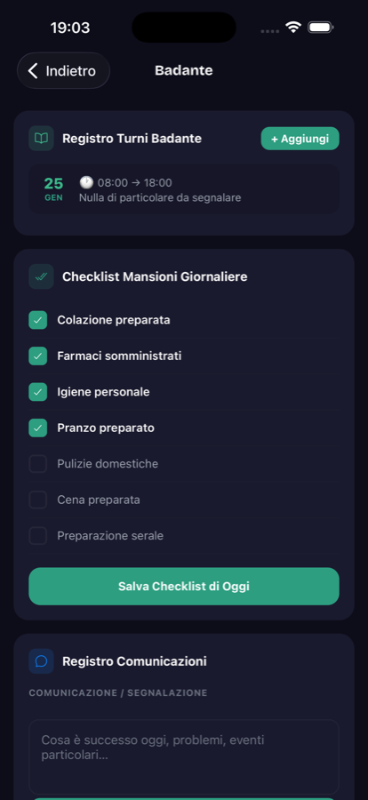 Schermata Badante: turni, checklist delle mansioni della giornata e registro delle comunicazioni