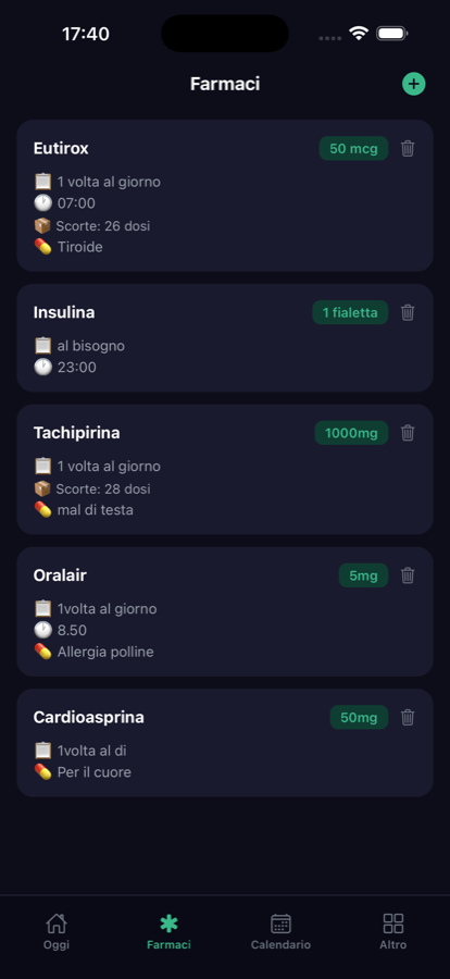 Schermata Farmaci: terapie con dosaggio, orari e scorte rimaste